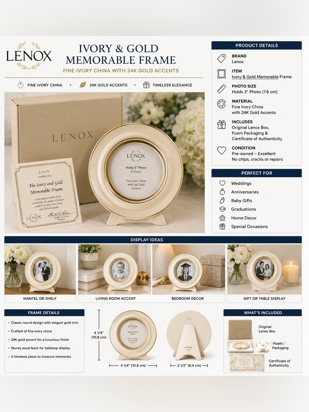 Lenox Ivory & Gold Memorable Frame Fine Ivory China 24K Gold Accent w/ Box & COA